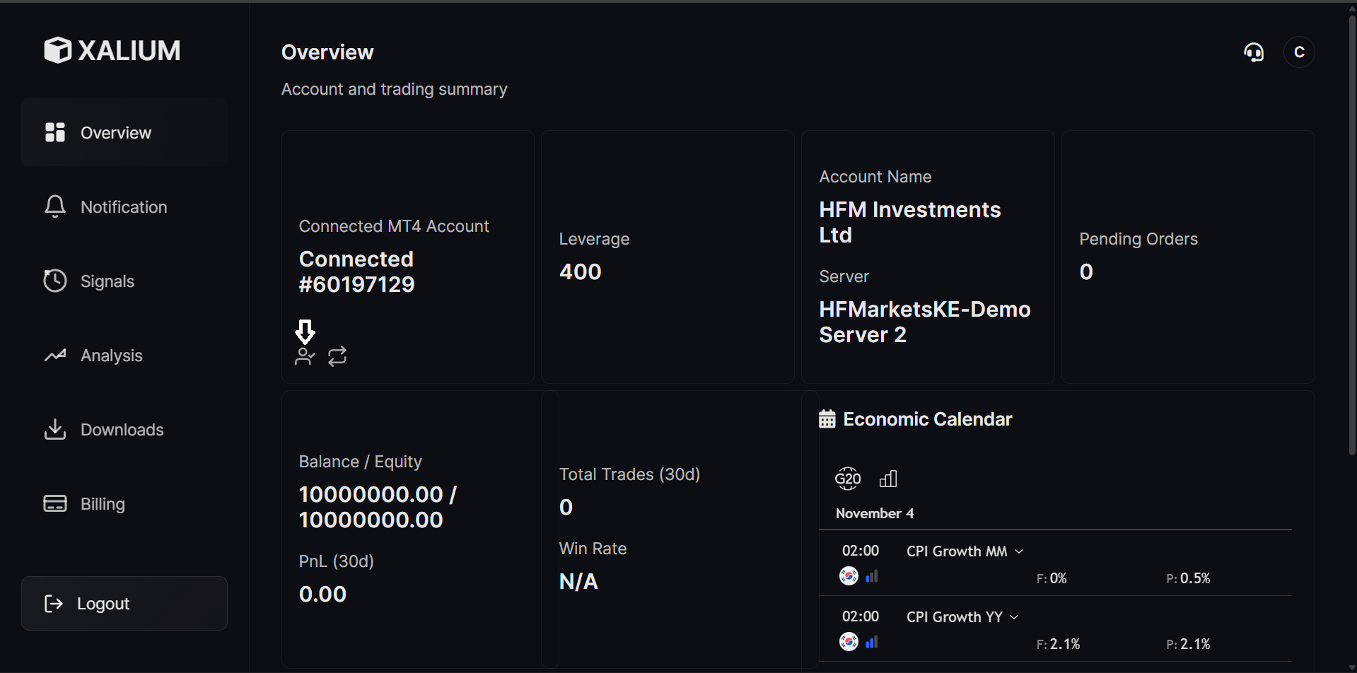 Primary Accounts Section in Dashboard